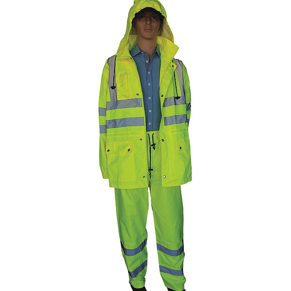 Mts Safety Hi-Vis Long Rain Coat, 250 Denier Polyester Oxford, Class 3 Lime, L - A-493-3M-L
