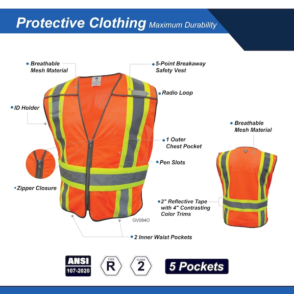 Ge Orange 5 POINT Breakaway Safety Vest, 5 Pockets, M - GV084OM
