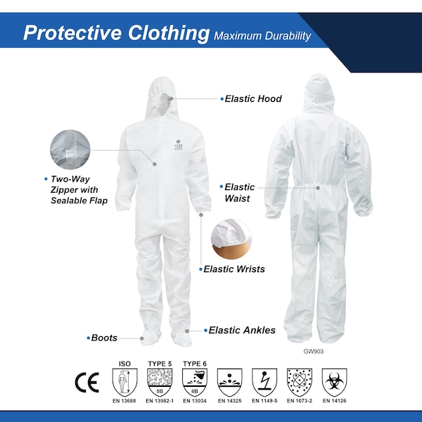 Ge Disposable Coveralls, Hooded, M, Microporous Material, Zipper Flap, Elastic Cuff - GW903M