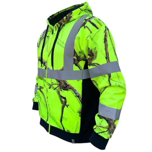 Safetyshirtz SS360 Backwoods Camo Class 3 Zip-Up Hoodie, Safety Green, 2XL - 46111315XXL