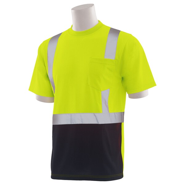 Deltaplus Unisex Hi-Vis Short-Sleeve Shirt w/ Black Bottom, Polyester Birdseye Knit Mesh, Hi Viz Lime & Black - 62401