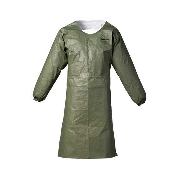 Tychem SFR Sleeved Apron. Elastic Wrists. 44" Long. Hook and Loop Neck Closure. Waist Ties. Green. XL - QS275TGRXL001200
