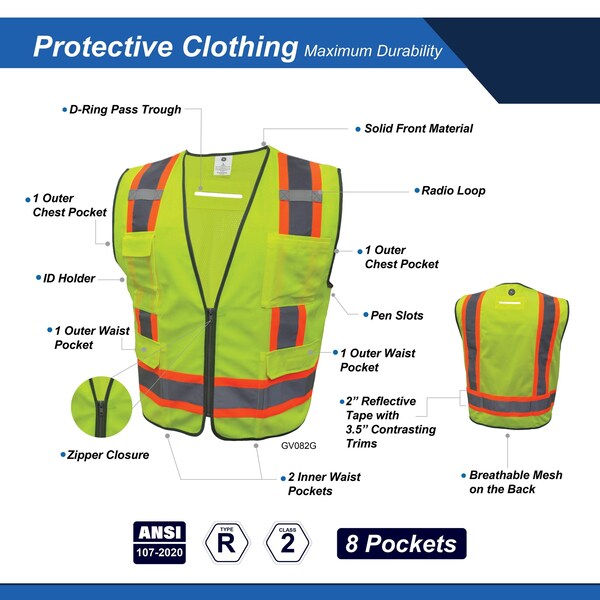 Ge Green Surveyor Vest M, 8 Pockets, Contrast Trims - GV082GM