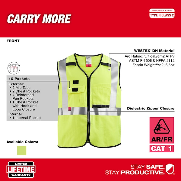 Milwaukee Tool AR/FR Cat.1 High Visibility Vest 2XL, 3XL Class 2 U Back, , Hook and Loop 10 Pockets, 2 Mic Tab, No - 48-73-5303