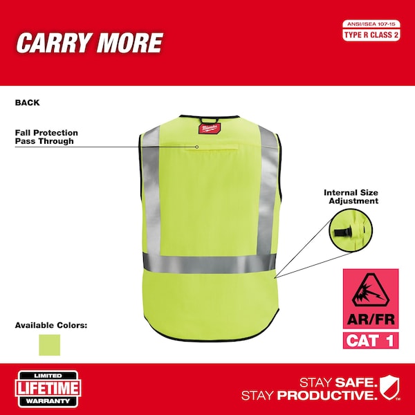 Milwaukee Tool AR/FR Cat.1 High Visibility Vest 2XL, 3XL Class 2 U Back, , Hook and Loop 10 Pockets, 2 Mic Tab, No - 48-73-5303