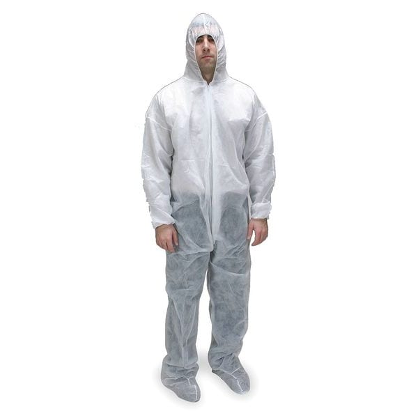 Condor Disposable Coveralls, Hooded, L, Polypropylene, Zipper, Elastic Cuff, Attached Boots Ankle, 25 PK - 2KTN9