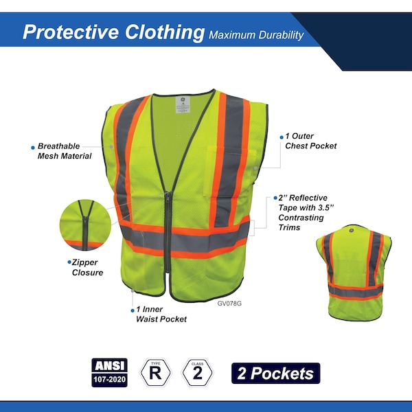 Ge Hi-Vis Safety Vest L Class 2 , Zipper 2 Pockets - GV078GL