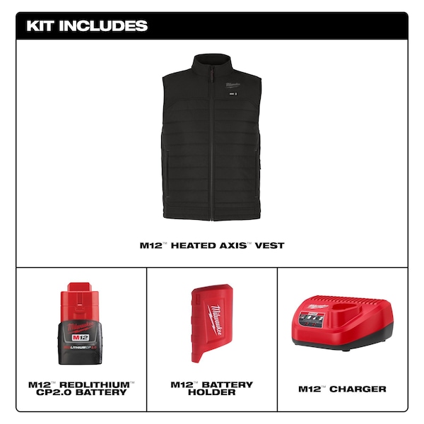 Milwaukee Tool Axis Heated Vest, Polyester, 2 to 8 hours Heating Time, 3 Heat Settings, Black, M - M300B-21M