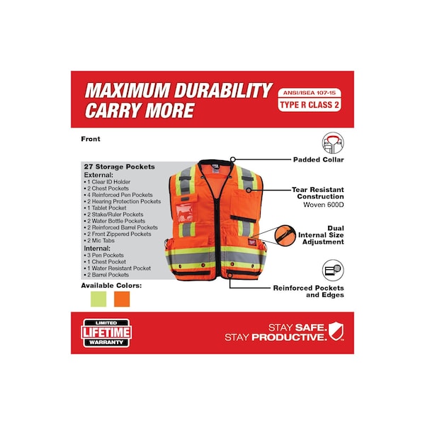 Milwaukee Tool Class 2 Surveyor's High Visibility Orange Safety Vest - Large/X-Large - 48-73-5166