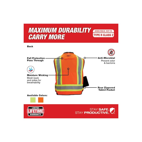 Milwaukee Tool Class 2 Surveyor's High Visibility Orange Safety Vest - Large/X-Large - 48-73-5166