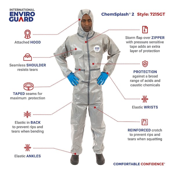 International Enviroguard Disposable Coverall, Hooded, XL, Chemsplash 2(R), Zipper, Elastic Cuff, Open Ankle, Taped Seam - 7215GT-XL