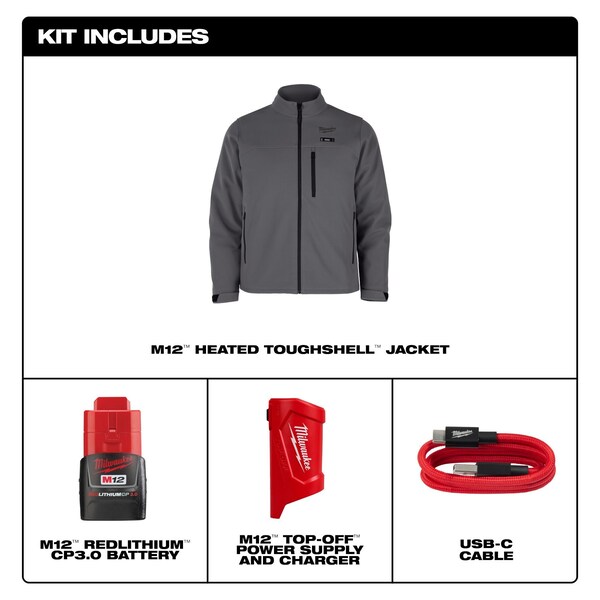 Milwaukee Tool M12 Heated TOUGHSHELL Men's Jacket, Gray, Heats 3 to 12 Hours, 3 Outside Pockets, S - M100G-21S