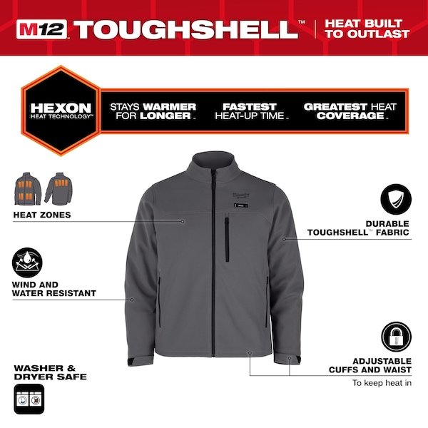 Milwaukee Tool M12 Heated TOUGHSHELL Men's Jacket, Gray, Heats 3 to 12 Hours, 3 Outside Pockets, S - M100G-21S
