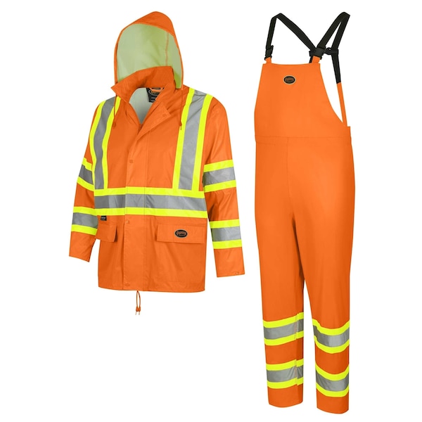 Pioneer Safety Rain Suit, Hi-Vis Orange, M, Polyester|PVC, 0.18 mm Thick, Folds and zips into collar, Orange - V1080150U-M