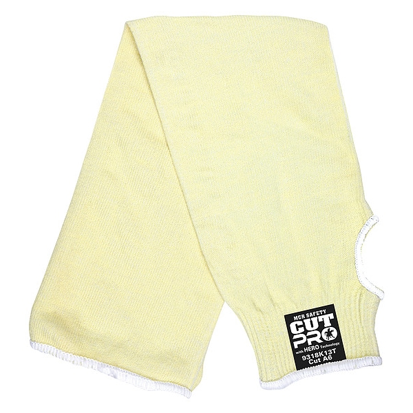 Mcr Safety Cut-Resistant Sleeve: ANSI/ISEA Cut Level A6, Thumbhole, 18 in Length, Yellow, Knit Cuff - 9318K13T