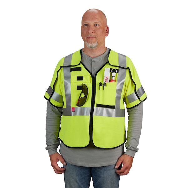 Milwaukee Tool AR/FR Cat.1 High Visibility Vest w/Sleeves L, XL Class 3 X Back, , Hook and Loop 10 Pockets, No - 48-73-5332