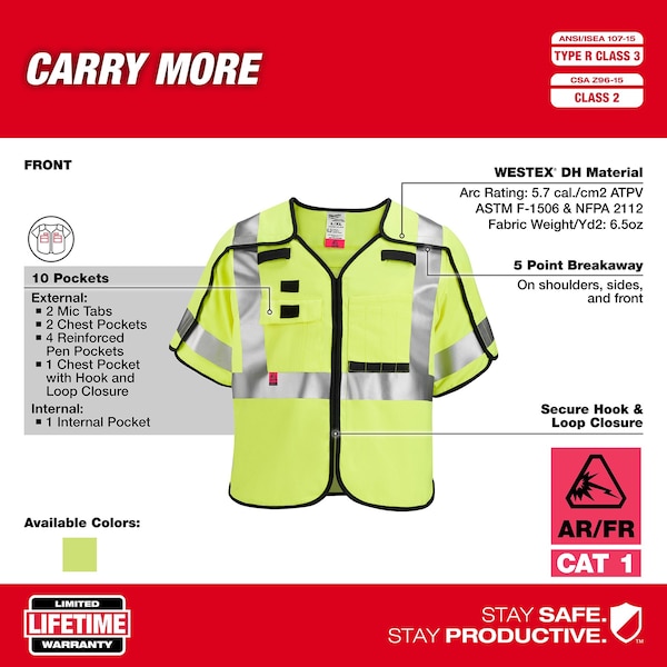 Milwaukee Tool AR/FR Cat.1 High Visibility Vest w/Sleeves L, XL Class 3 X Back, , Hook and Loop 10 Pockets, No - 48-73-5332