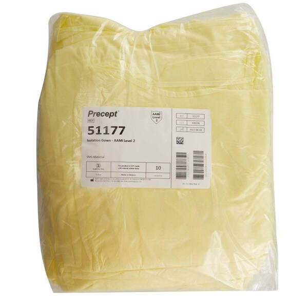 Precept Protective Procedure Gown One Size Fits Most Yellow NonSterile AAMI Level 2 Disposable, 10PK - 51177
