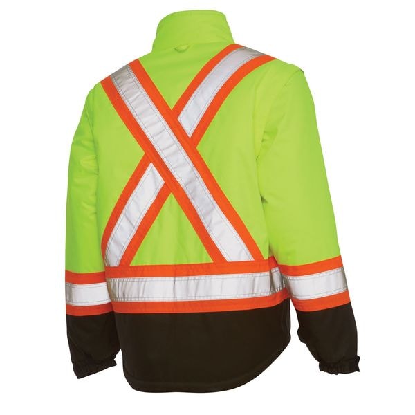 Tough Duck Hi-Vis 5-in-1 Safety Jacket, 300D Poly Oxford with PU Coating, Class 3 Type R, Fluorescent Green - S42631