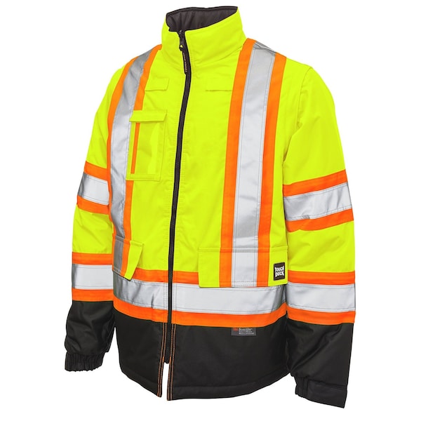 Tough Duck Hi-Vis 5-in-1 Safety Jacket, 300D Poly Oxford with PU Coating, Class 3 Type R, Fluorescent Green - S42631