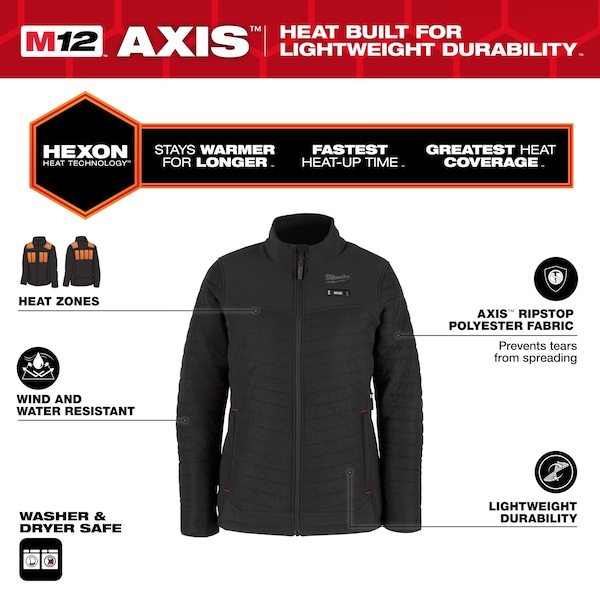 Milwaukee Tool M12 Women's Heated Jacket, Black, Heats 3 to 12 hours, 2 Outside Pockets, L - F102B-21L