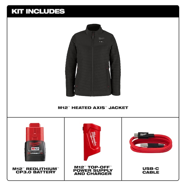 Milwaukee Tool M12 Women's Heated Jacket, Black, Heats 3 to 12 hours, 2 Outside Pockets, L - F102B-21L