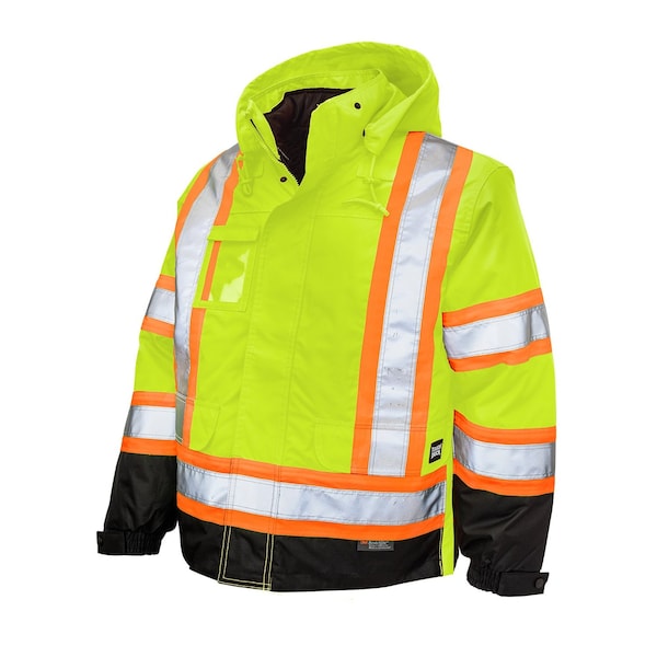 Tough Duck Hi-Vis 5-in-1 Safety Jacket, 300D Poly Oxford with PU Coating, Class 3 Type R, Fluorescent Green - S42641