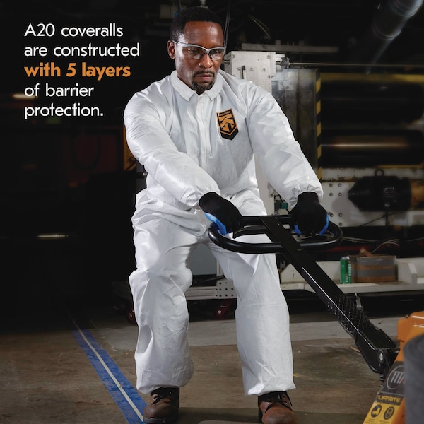 Kleenguard A20 Breathable Particle Protection Coveralls, Zip Front, Elastic Back, Wrists, Ankles, 3XL, White, 20PK - KCC 49106