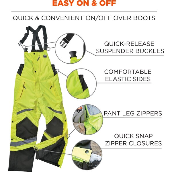 Ergodyne Insulated Bib Overalls, 300D polyester oxford with PU coating, Lime, L - 8928