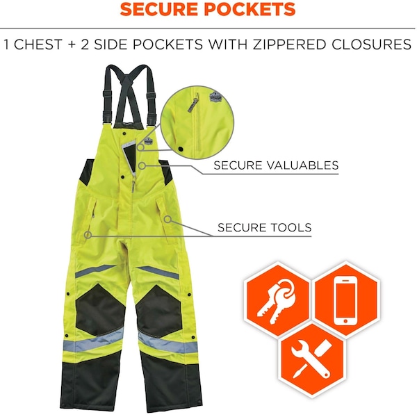 Ergodyne Insulated Bib Overalls, 300D polyester oxford with PU coating, Lime, L - 8928