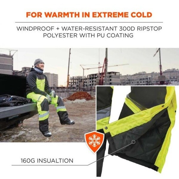 Ergodyne Insulated Bib Overalls, 300D polyester oxford with PU coating, Lime, L - 8928