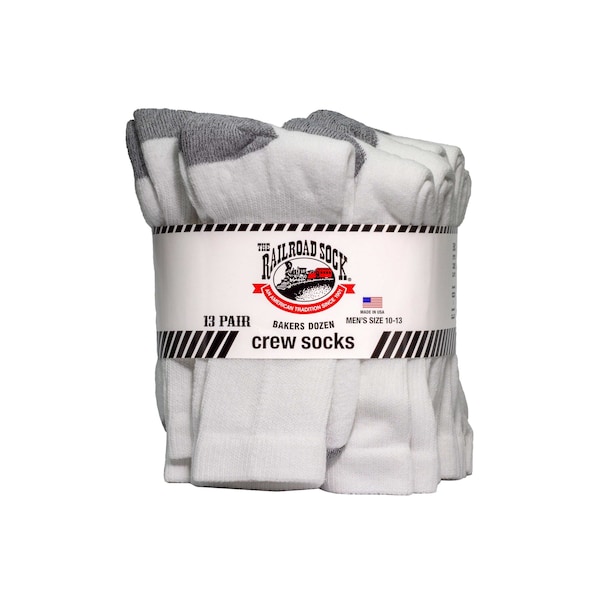 Railroad Sock Men's Baker's Dozen Crew Socks, Size 6-12 M, White/Grey, 13PK - BD13