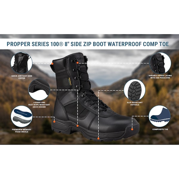 Propper Men's Series 100 8in. Side Zip Waterproof Comp Toe Boots Black, 9 W - F4529