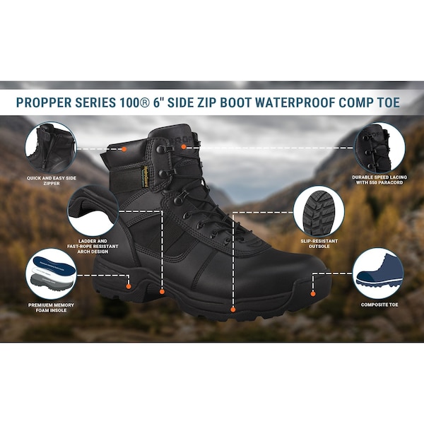 Propper Men's Series 100 6in. Side Zip Waterproof Comp Toe Boots Black, 7.5 - F4528