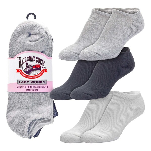 Railroad Sock Women's No Show Socks, Size 5-10, Black/Grey/White, 3PK - 613