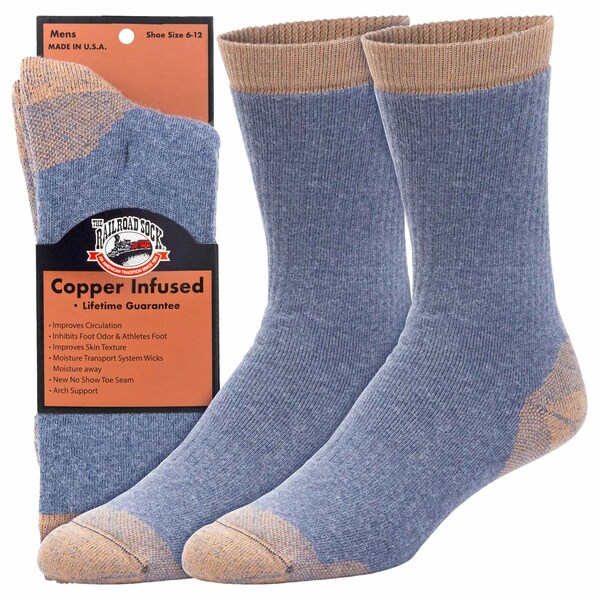 Railroad Sock Men's Premium Copper Infused Crew Socks, Size 6-12 M, Denim/Copper, 1PR - 4010 DE