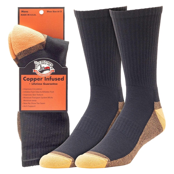 Railroad Sock Men's Copper Infused Crew Socks, Size 6-12 M, White/Copper, 1PR - 4002 BK