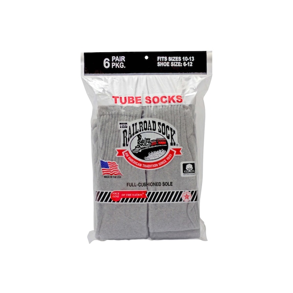 Railroad Sock Men's Tube Socks, Size 6-12 M, Grey, 6PK - 6077