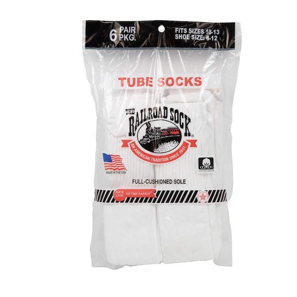 Railroad Sock Men's Tube Socks, Size 6-12 M, White, 6PK - 6075