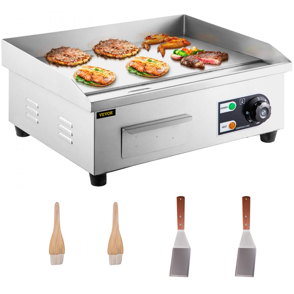 VEVOR Commercial Electric Griddle, 18" Teppanyaki Grill, 1600W Electric Flat Top Grill, Stainless Steel Electric Countertop Griddle w/Drip Hole, 50-300℃ Countertop Griddle for Pancake, Chicken - DBLYCQP18110VGBZHV1
