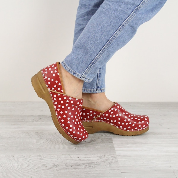 Sanita ROXBURY Women's Closed Back Clog in Red with White Polka Dots, Size 9.5-10, PR - 476676-004-41