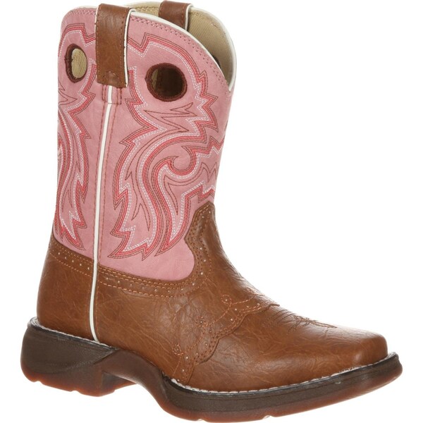 Durango Kids Western Boot, 3 M, Leather, 8 in H, Tan/Pink - BT287