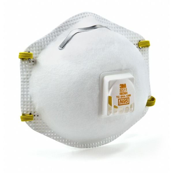 3M N95 Disposable Respirator, 8511, Cool Flow Exhalation Valve, Dual Headstrap, Nose Clip, Pack of 10 - 8511