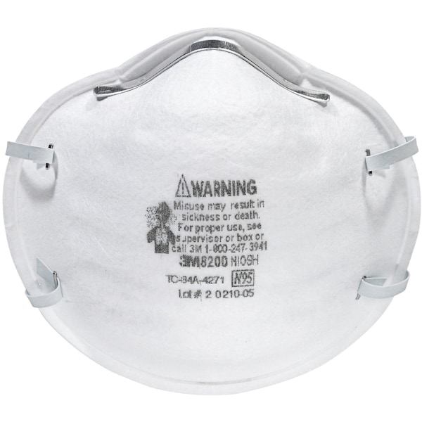 3M N95 Disposable Respirator, 8200, Dual Headstrap, Polyisoprene Strap, Nose Clip, White, Pack of 20 - 8200