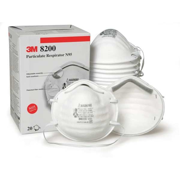 3M N95 Disposable Respirator, 8200, Dual Headstrap, Polyisoprene Strap, Nose Clip, White, Pack of 20 - 8200