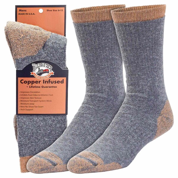 Railroad Sock Men's Premium Copper Infused Crew Socks, Size 6-12 M, Charcoal/Copper, 1PR - 4010 CH
