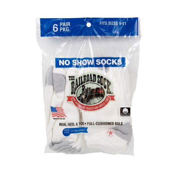 Railroad Sock No Show Socks, Size 5-10 W/4-7.5 M, White/Grey, 6PK - 8084