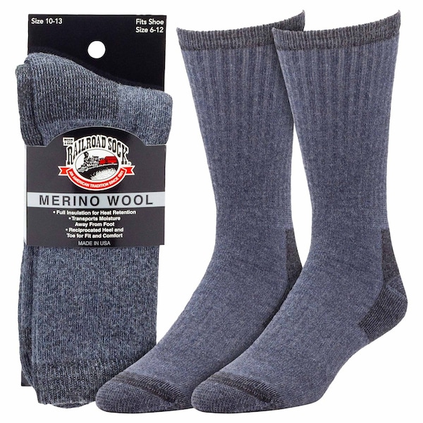 Railroad Sock Men's Merino Wool Crew Socks, Size 6-12 M, Denim, 1PR - 2965 DE