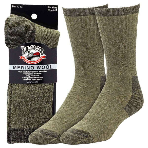 Railroad Sock Men's Merino Wool Crew Socks, Size 6-12 M, Olive, 1PR - 2965 OL