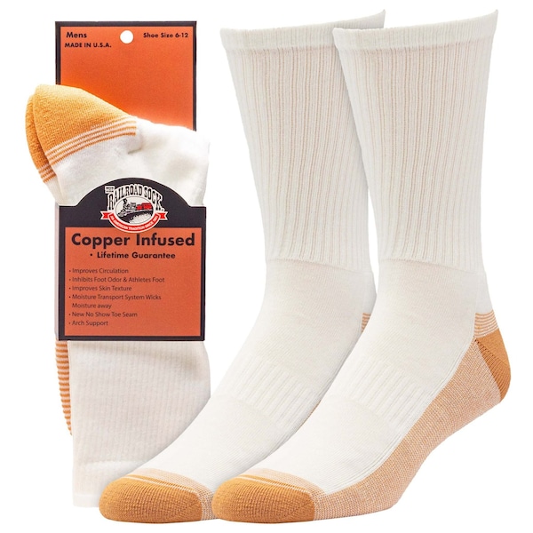 Railroad Sock Men's Copper Infused Crew Socks, Size 6-12 M, White/Copper, 1PR - 4002 WT